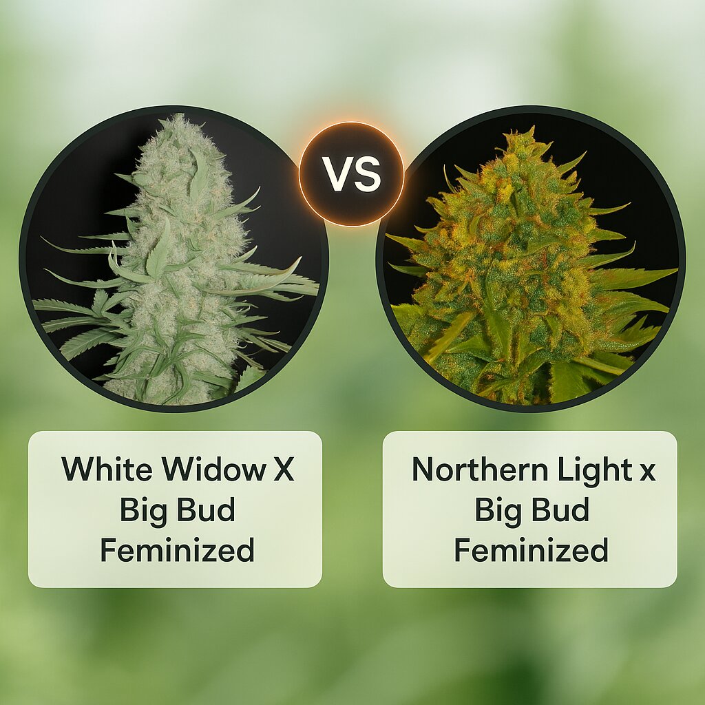 White Widow X Big Bud (Female Seeds) vs Northern Light x Big Bud (World of Seeds) cannabis seeds comparison