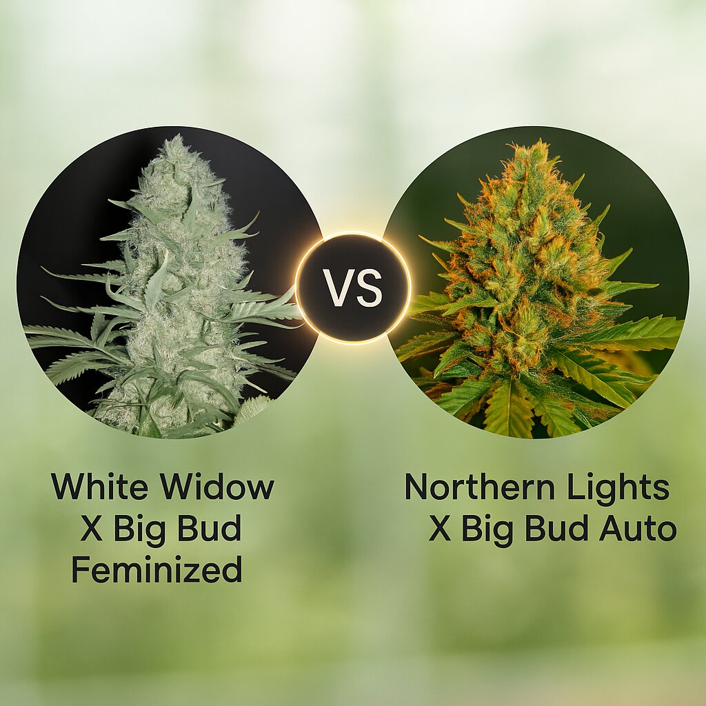 White Widow X Big Bud (Female Seeds) vs Northern Lights X Big Bud Auto (World of Seeds) cannabis seeds comparison