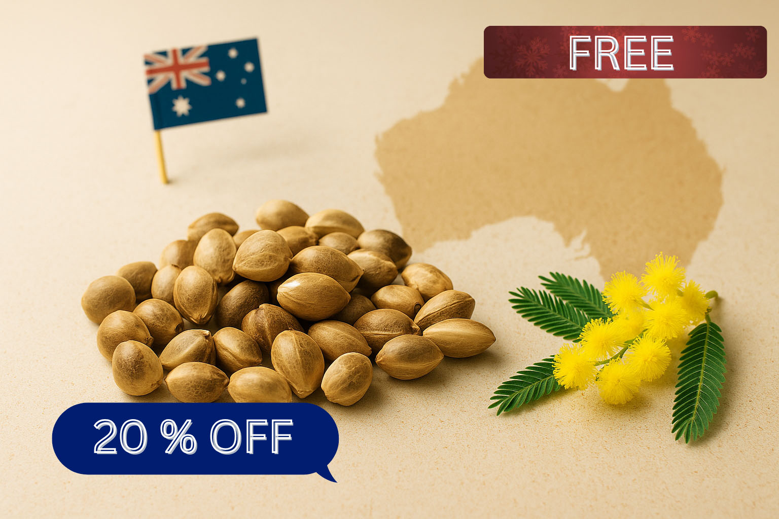 Australian hemp seeds with wattle flowers and flag – premium quality seeds for local growers